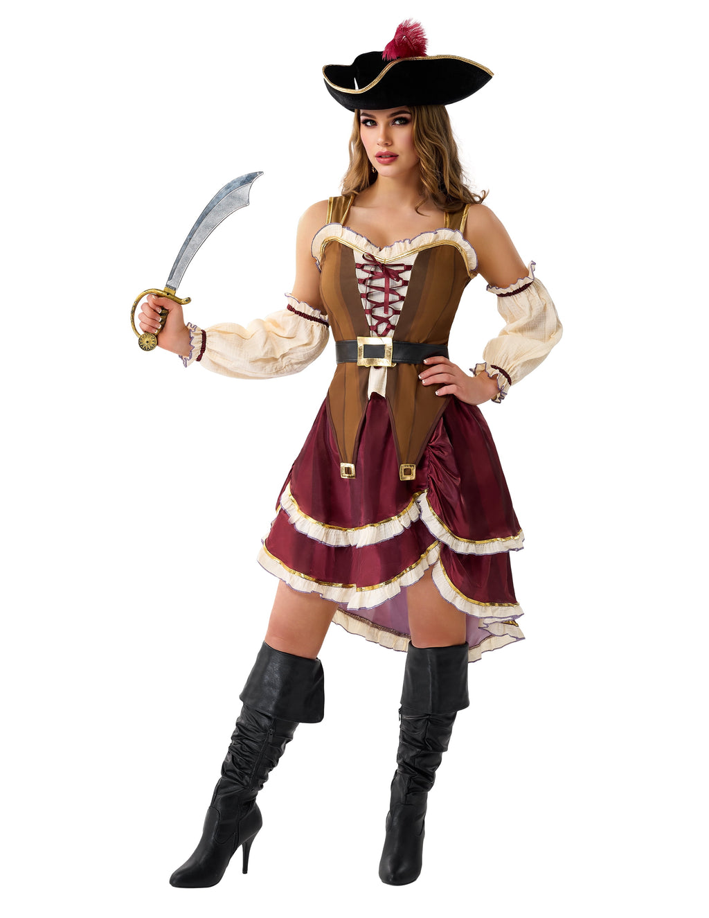 Joyfy Pirate Costume for Women Halloween Adult Pirate Dress with Pirate Hat for Halloween Costume Party Fancy-Dress Costume