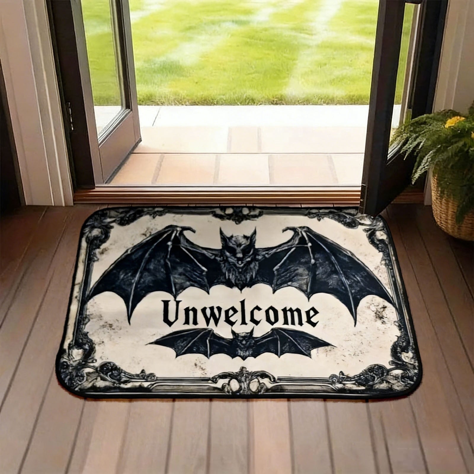 Gothic Halloween Doormat, Decorative Welcome Mat for Front Door, Party Entrance Rug with Spooky Design for Indoor Outdoor Porch Decor