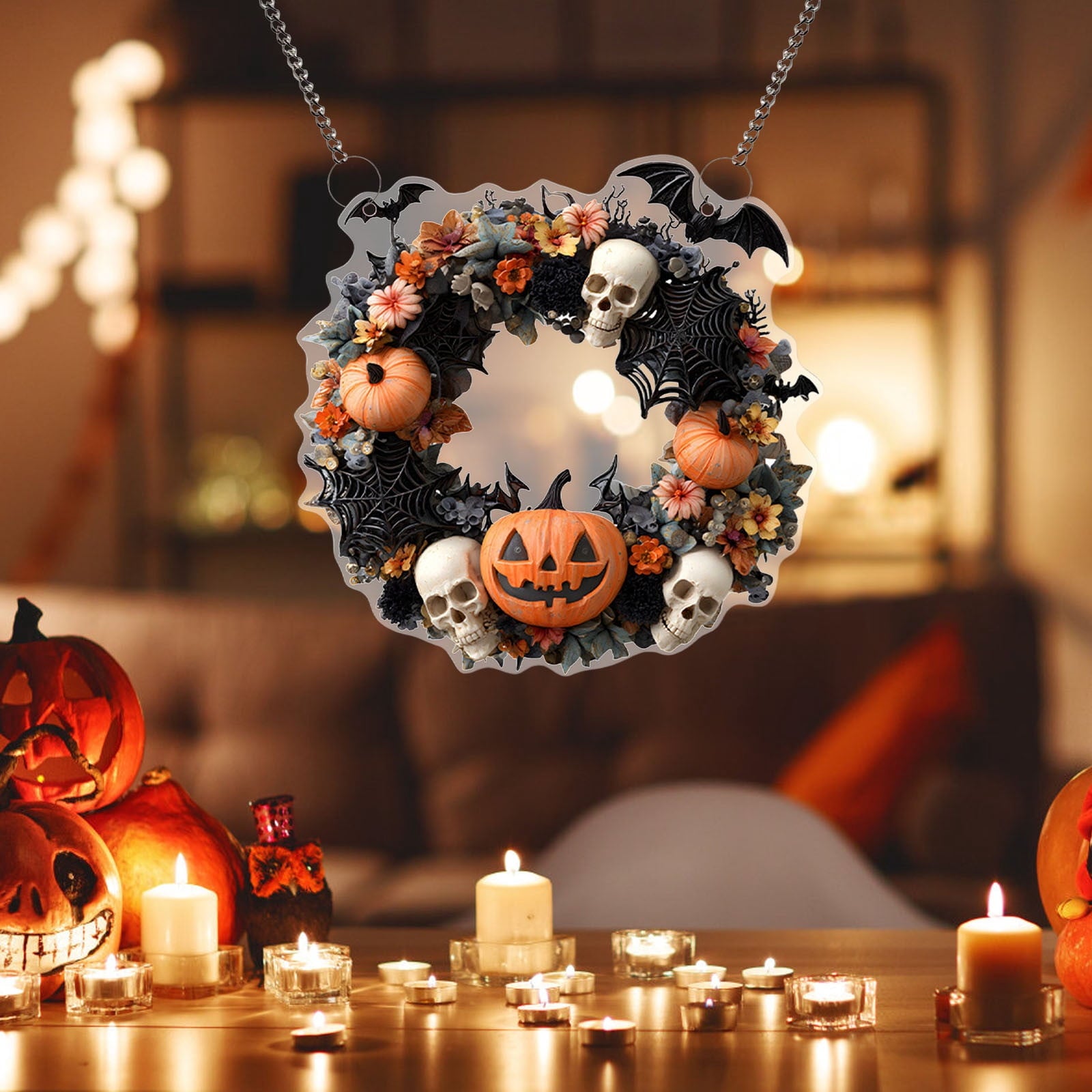 Btomtd Diameter 8" Pumpkin Skull Wreath Halloween Decor Acrylic Round Disk Hanging Ornament with Garland for Front Door Window, A