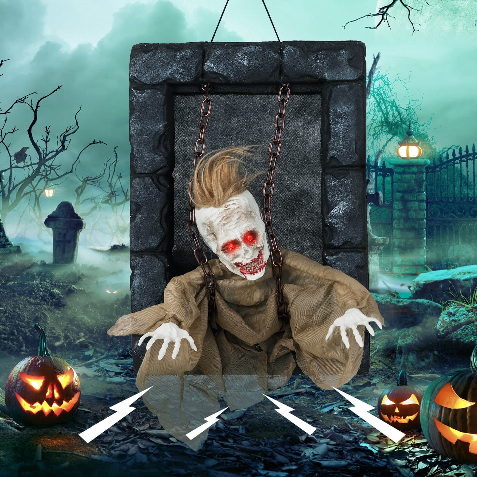 Costway Halloween Hanging Animated Zombie Prisoner Decoration Glowing Eye Indoor Outdoor