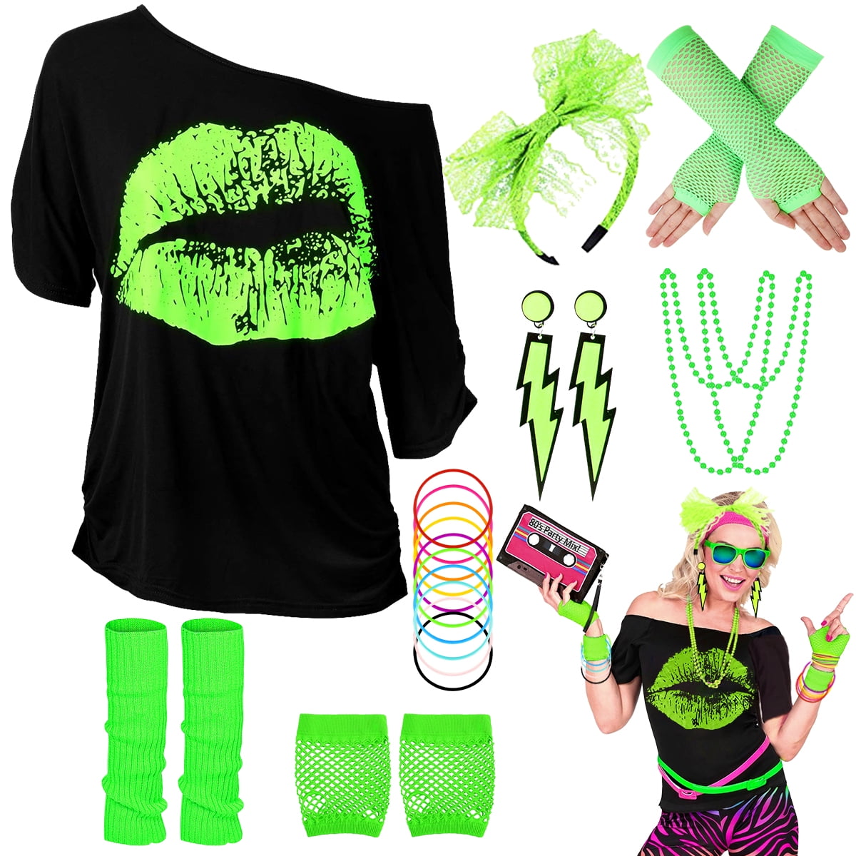 80s Costume for Women,80's Off Shoulder T-Shirt Headband Earring Necklace Fishnet Gloves Legwarmers for Women 80s outfit for 80s Party 22PCS