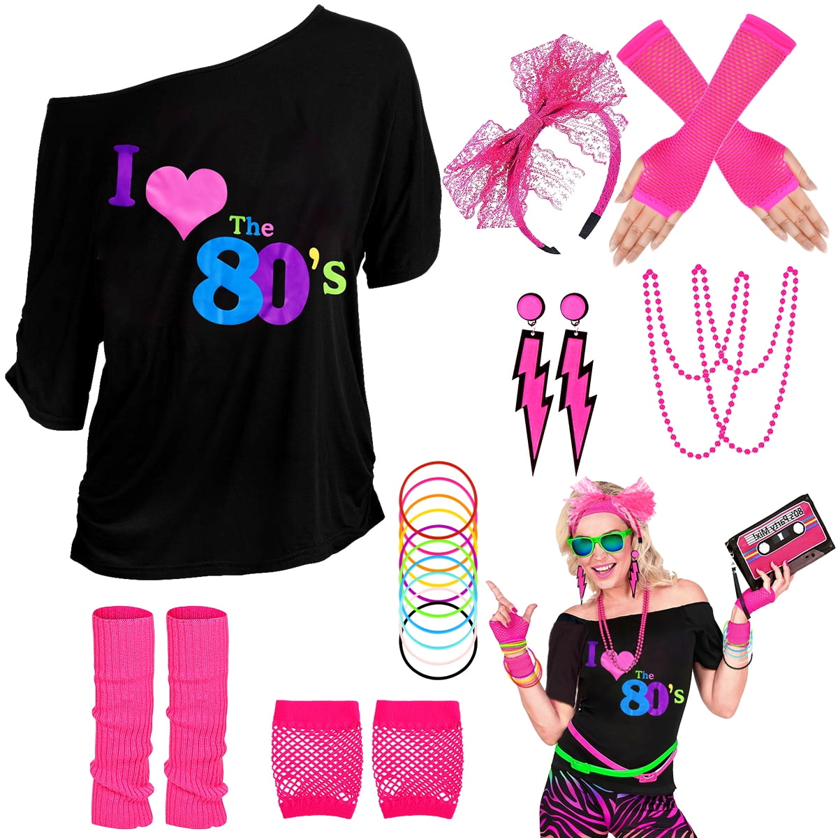 80s Costume for Women,80's Off Shoulder T-Shirt Headband Earring Necklace Fishnet Gloves Legwarmers for Women 80s outfit for 80s Party 22PCS