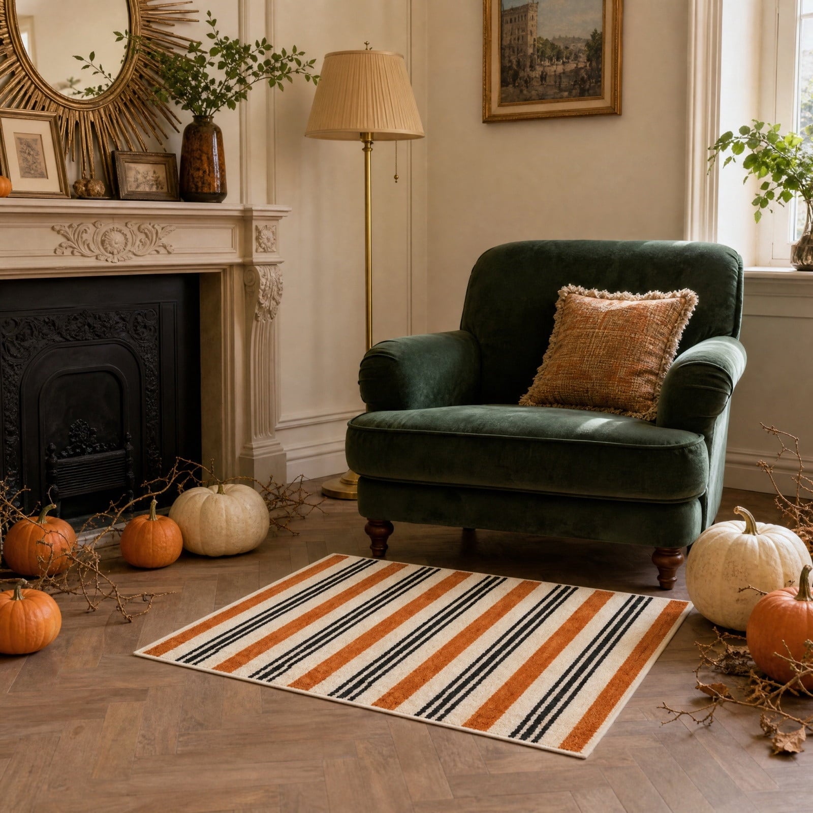 Halloween Fall Bathroom Rug, Vertical Striped Plush Floor Mat, Neutral Terracotta Entryway Doormat for Indoor Home Decor