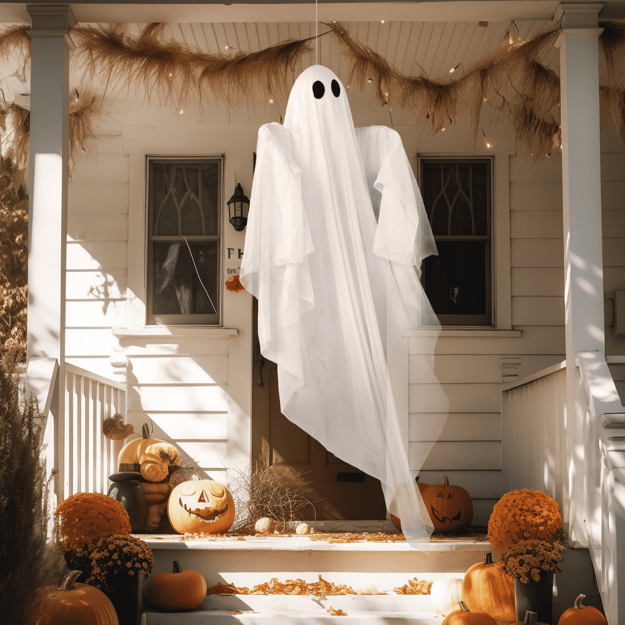 Joyfy 47inch Halloween Decorations Outdoor Hanging Ghost,Light up White Ghosts with Spooky Warm White LED Light,Halloween Outdoor Yard Porch Decorations,Haunted House Decorations