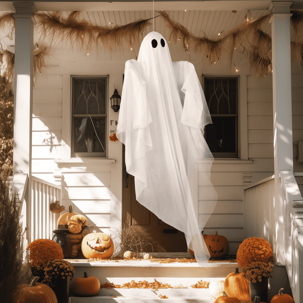 Joyfy 47" Halloween Hanging Light up Ghost Decorations Outdoor,White Ghosts with Blue LED Light and Timer Halloween Hanging Decoration Waterproof for Front Yard Patio Lawn