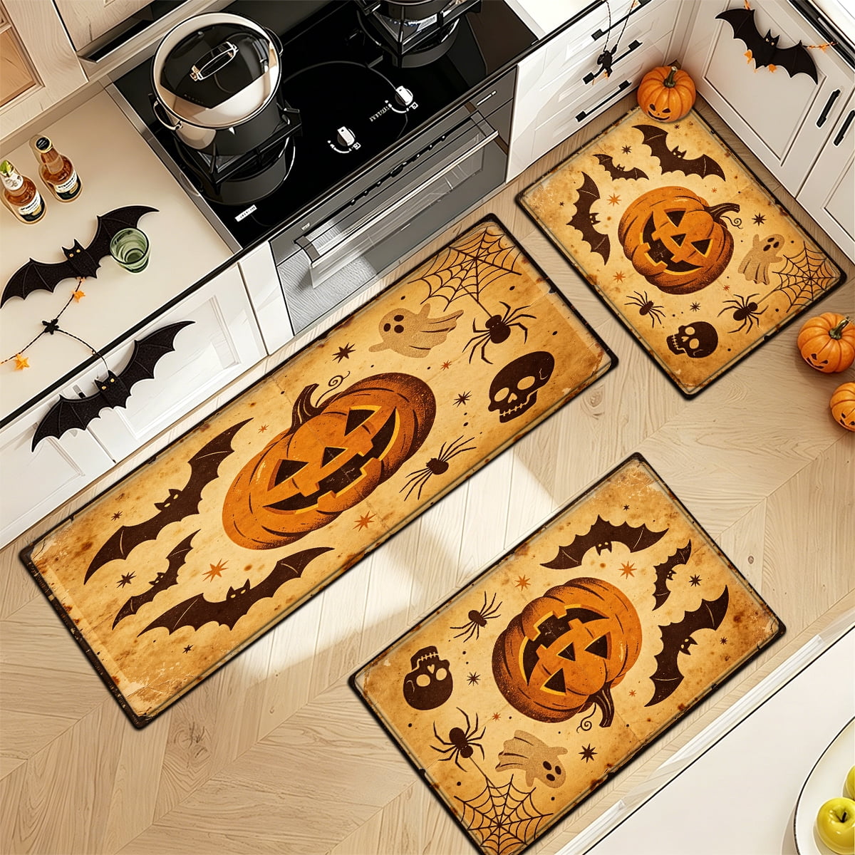 YIMEIS Halloween Neon Pumpkin Lanterns 3Pcs Flannel Mat & Kitchen Rugs Set,Soft Non-slip,16''×24'' 20''×30'' 17''×47'' Inches,for Entryway Bathroom