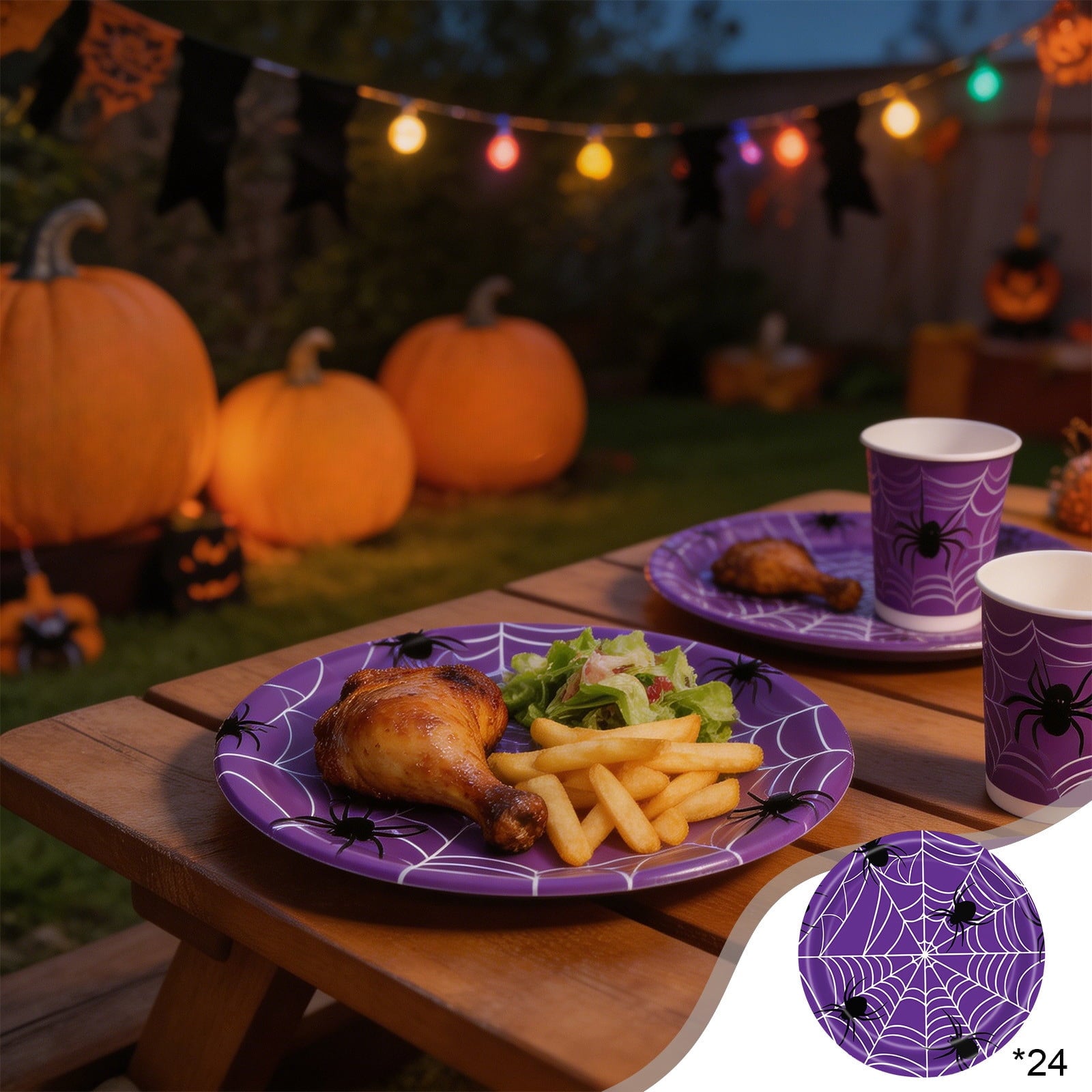 24 Pack Halloween Disposable Tableware Set, Spider and Cobweb Pattern Paper Plates, Halloween Party Supplies Favors