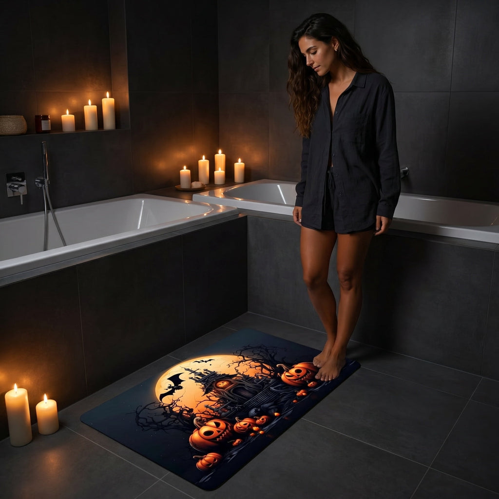 Halloween Themed Doormat Entryway Rug, Spooky Pumpkin Front Door Mat for Trick or Treaters, Non Slip Washable Mat for Indoor and Outdoor, Festive Halloween Floor Decoration for Home