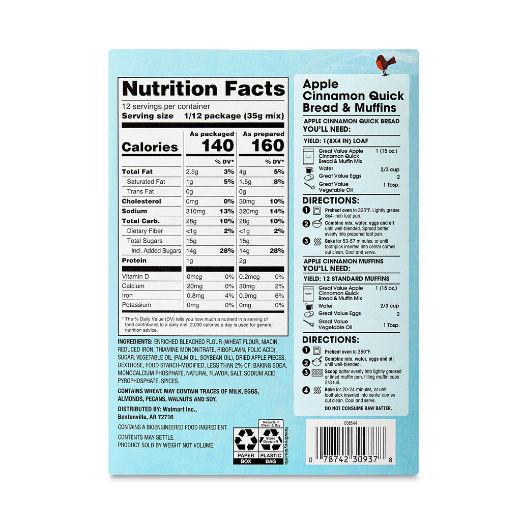Great Value Apple Cinnamon Quick Bread and Muffin Mix, 15 oz Box