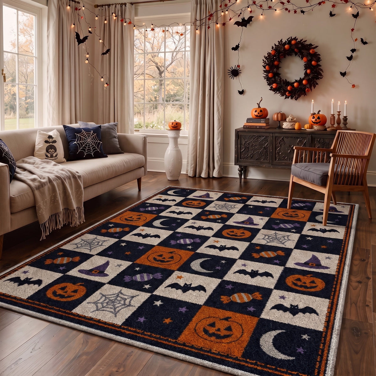 GENIMO 2'x7' Halloween Runner Rug, Washable Non Slip Soft Vintage Witch Indoor Outdoor Hallway Runner for Porch Patio Kitchen Entryway, Retro Sepia