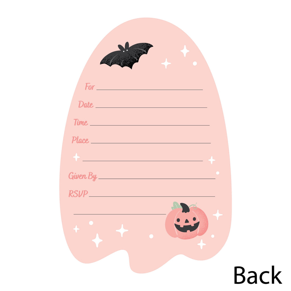 Big Dot of Happiness Pastel Halloween - Shaped Fill-In Invitations - Pink Pumpkin Party Invitation Cards with Envelopes - Set of 12