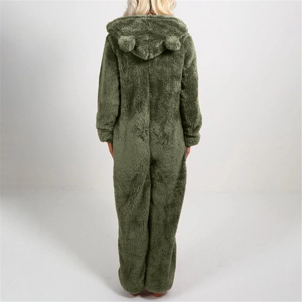 QATAINLAV Sherpa Fleece Jumpsuit for Women Winter Warm Fuzzy Onesie Pajamas Cute Cat Hooded Romper Casual Zip Up Overalls Sleepwear Black XL