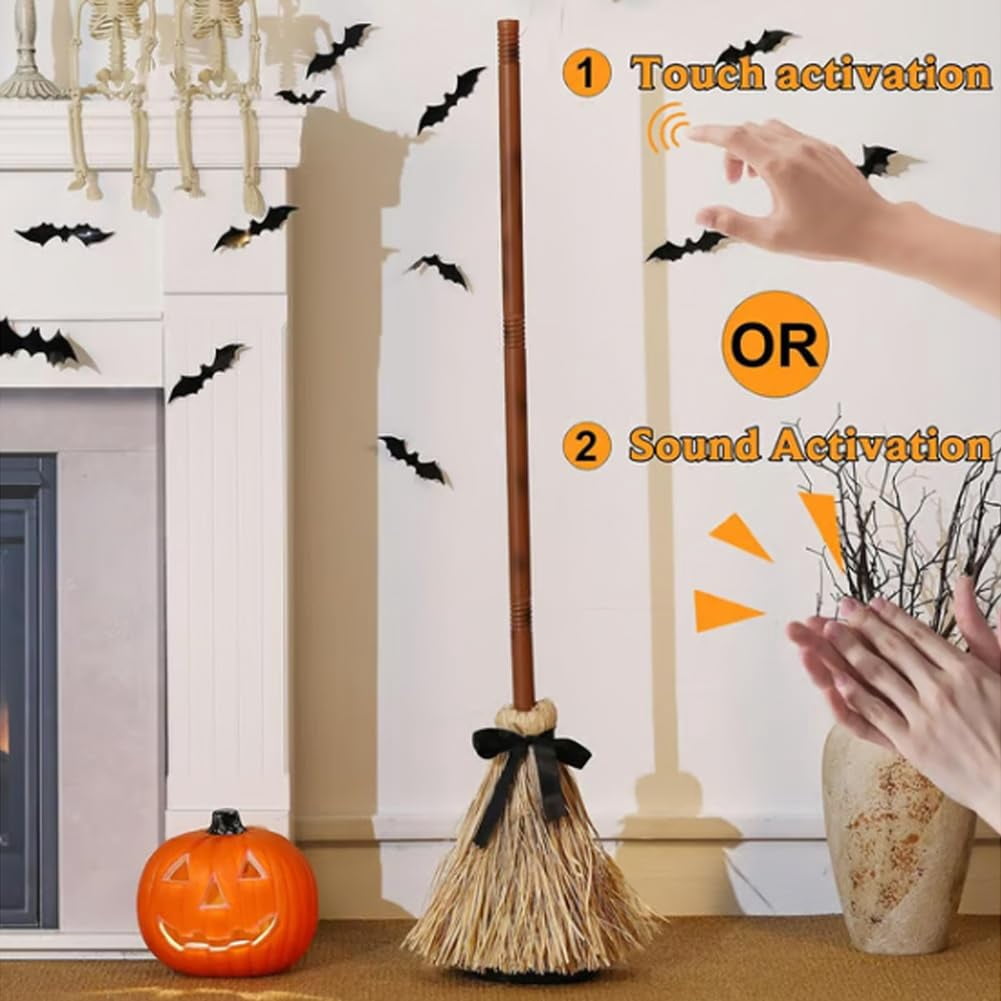Floating Broom, Dancing Witch Broomstick with Motion Sensor Spooky Sounds, Moving Floating Broom Halloween Prop, Animated Witch's Broomstick for House Party Decorations