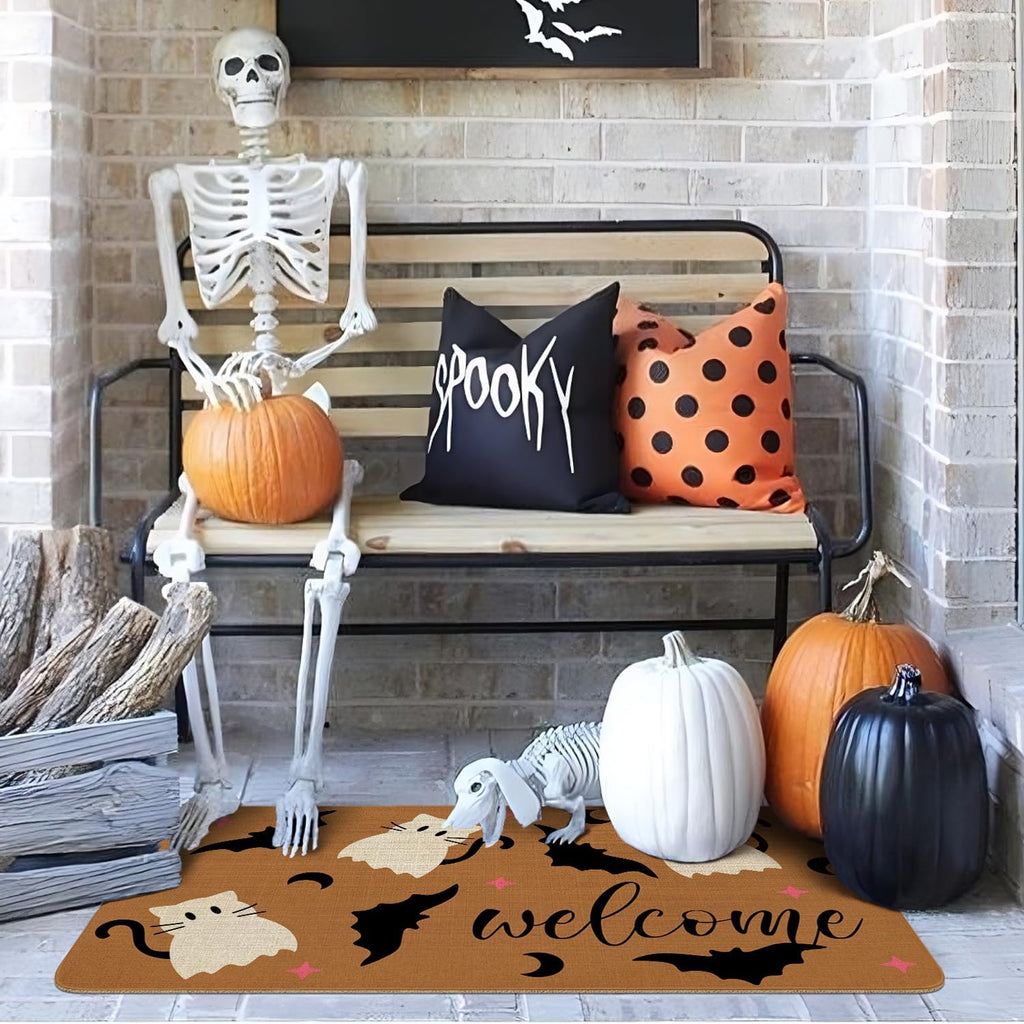 Halloween Door Mat,Cute Cat Spooky Ghost Bats Outdoor Mats for Front Door,Fall Halloween Indoor Entrance Non-Slip Doormat Entryway Welcome Rubber Mats for Porch Decor 30" x 17"