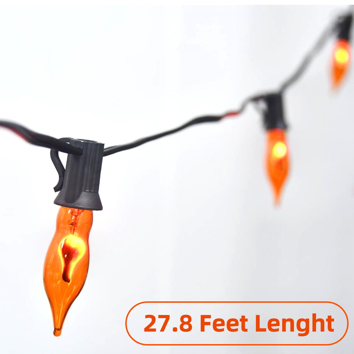 Halloween Lights Flickering Flame String Lights with 12 Pack C7 Orange Flame Light Bulbs (2 Spare), 12.8Ft Orange Flame String Lights for Indoor Outdoor Home Party Yard Halloween Decorations