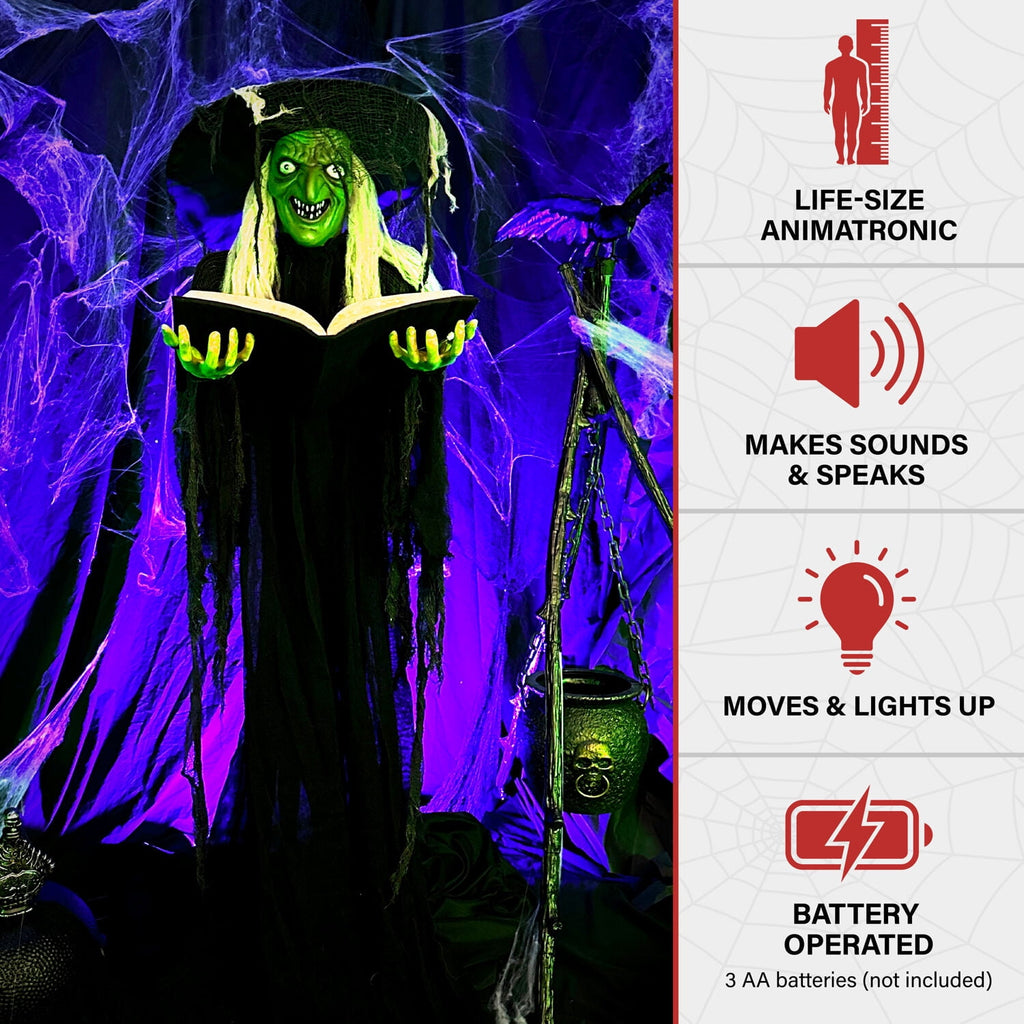 Haunted Hill Farm 5.5 ft Poseable Witch with Spell Book, Lights and Sound, Indoor/Covered Outdoor Halloween Decoration, HHWITCH-9FLS