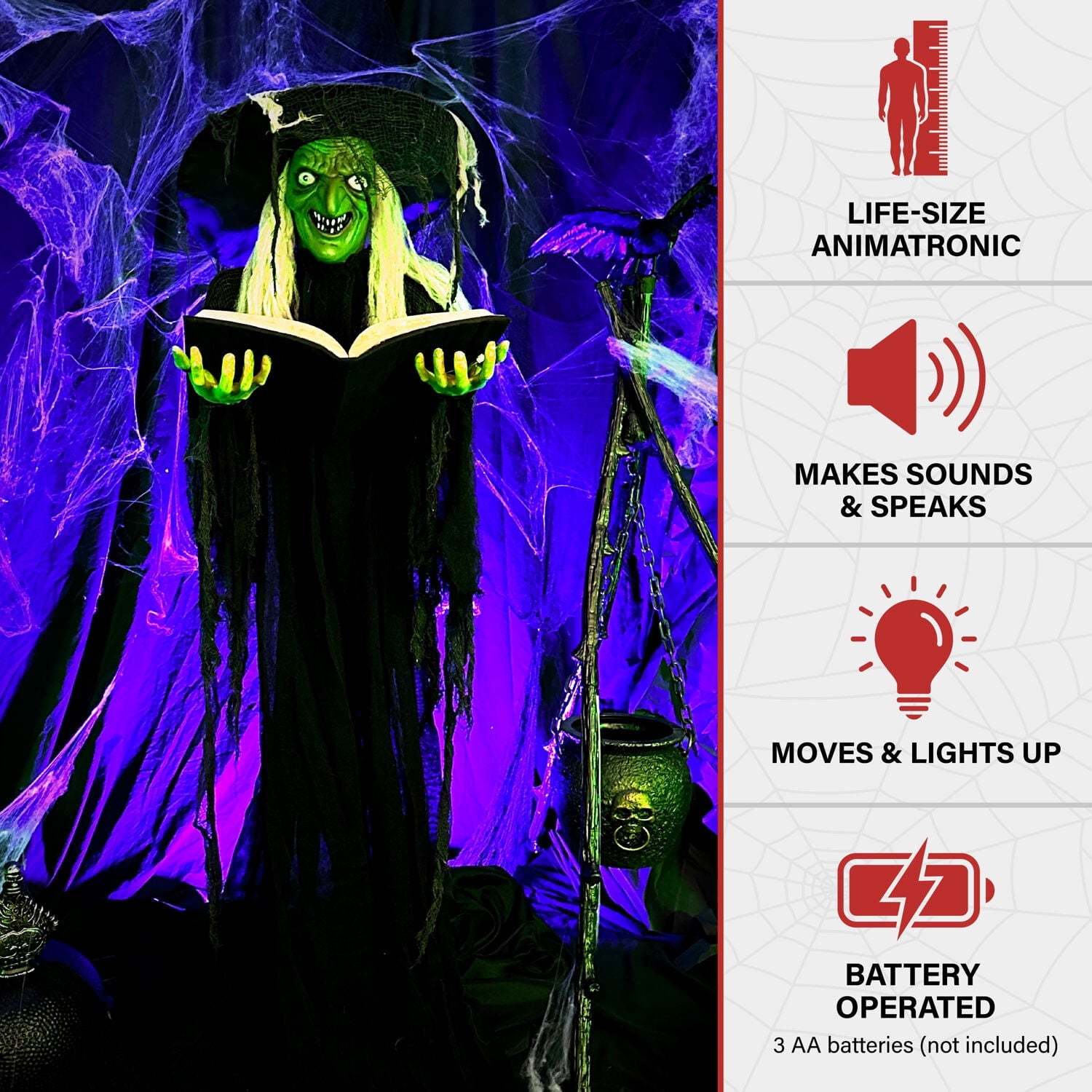 Haunted Hill Farm 5.5 ft Poseable Witch with Spell Book, Lights and Sound, Indoor/Covered Outdoor Halloween Decoration, HHWITCH-9FLS