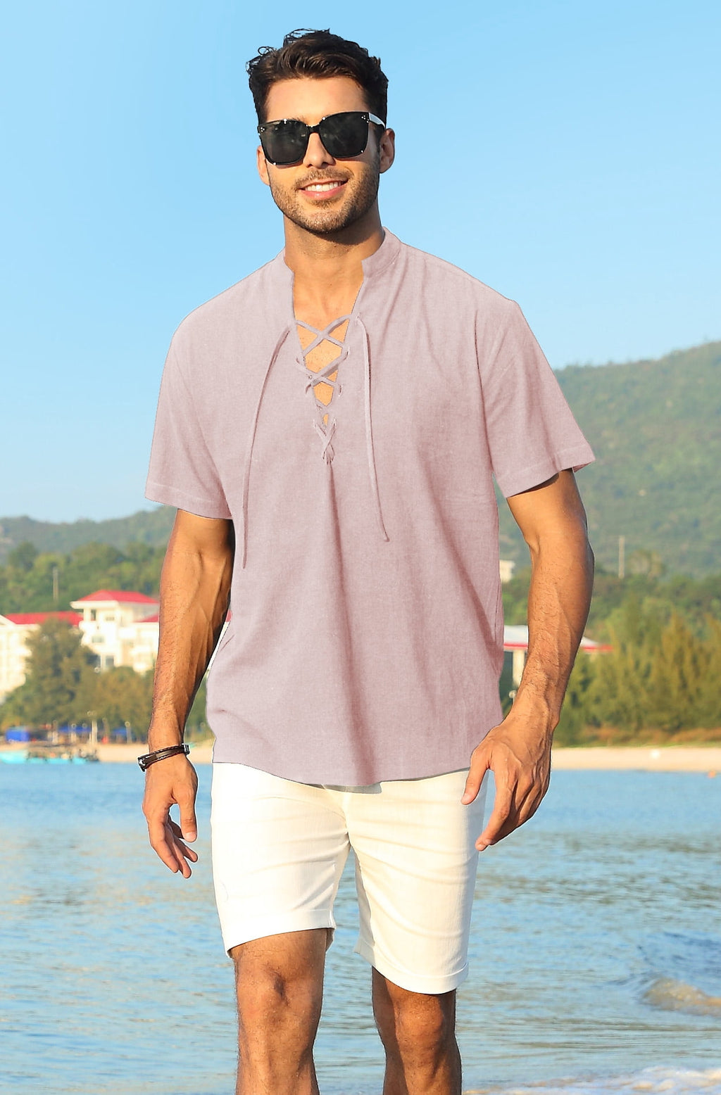 HAOMEILI Men's Cotton Linen Lace-Up V-Neck Short Sleeve Shirt