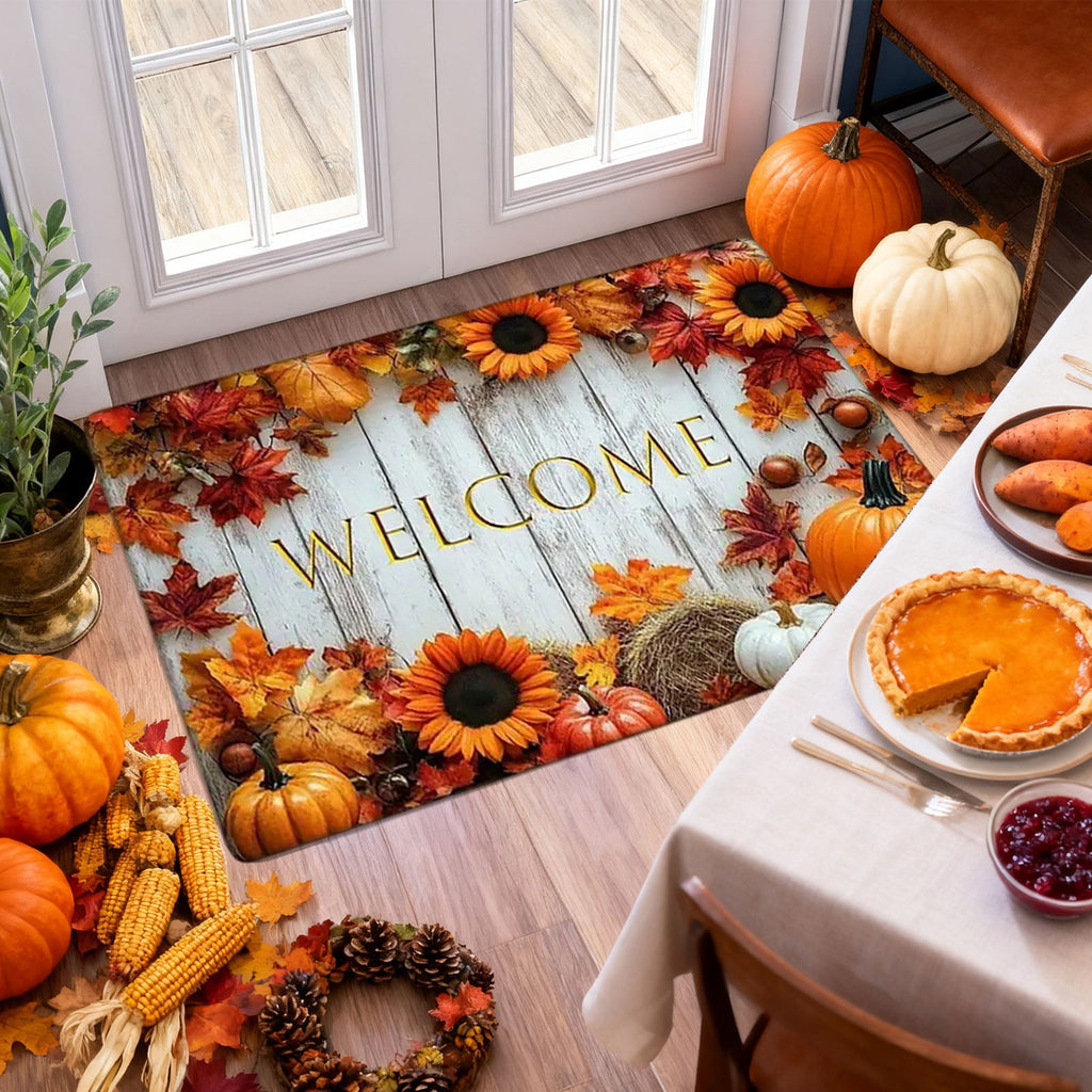 syligr Halloween Thanksgiving Doormat with Maple Leaf & Pumpkin Patterns - Non-Slip Floor Mat for Entryway, Kitchen, Porch, Fall Harvest Decor Rug with Anti-Fatigue Backing, Gift for Thanksgiving