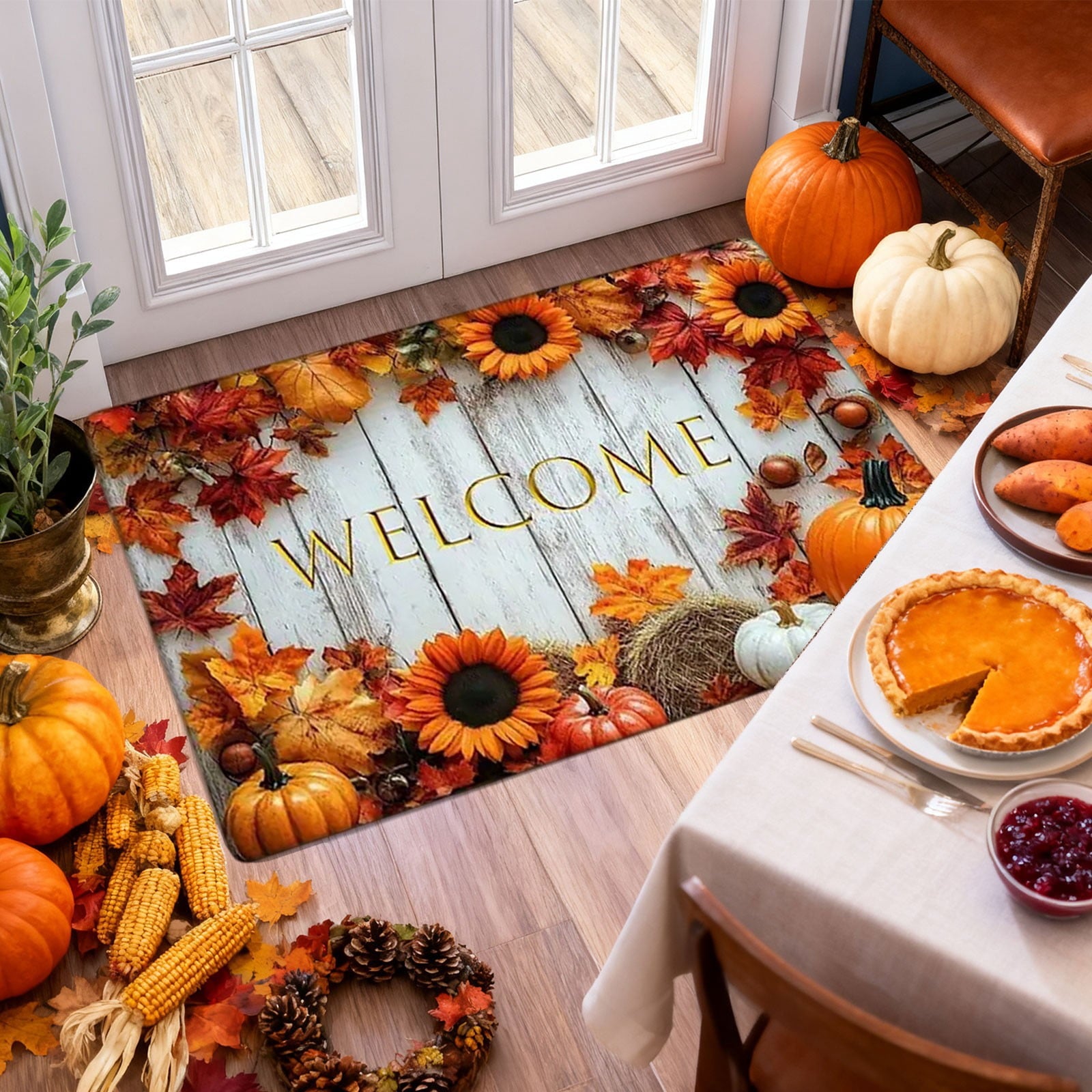 syligr Halloween Thanksgiving Doormat with Maple Leaf & Pumpkin Patterns - Non-Slip Floor Mat for Entryway, Kitchen, Porch, Fall Harvest Decor Rug with Anti-Fatigue Backing, Gift for Thanksgiving