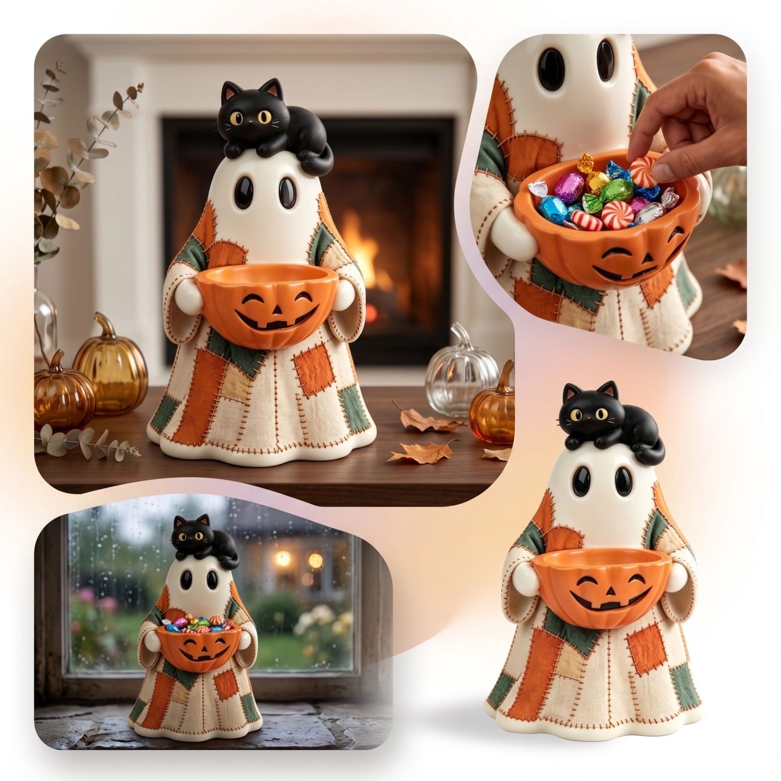Diceymbol Halloween Pumpkin Snack Bowl Stand Collapsible Broomstick Candy Tray for Cupcakes & Desserts, Resin Serving Platter with Ceramic Pumpkin Bowls