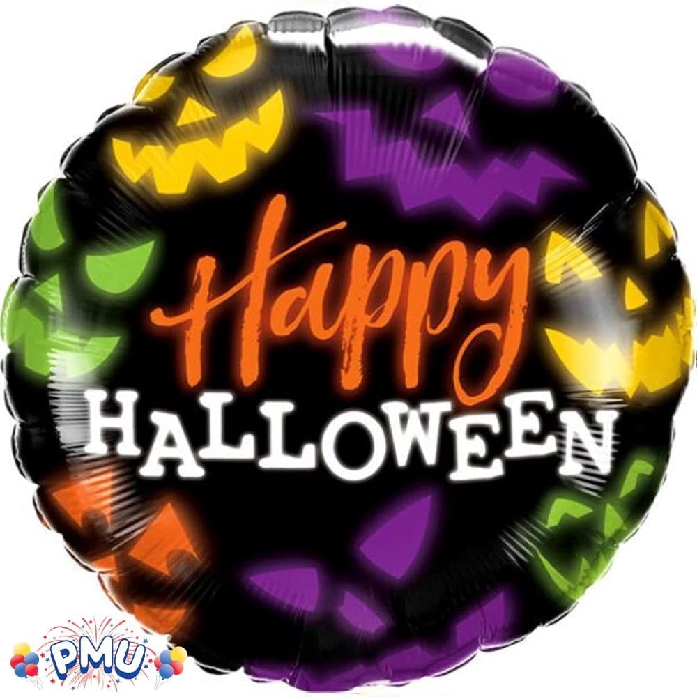 PMU Halloween Party Decoration "Happy Halloween" Jack Faces Aglow 18 Inch Mylar-Foil Balloon (1pkg) Pkg/1