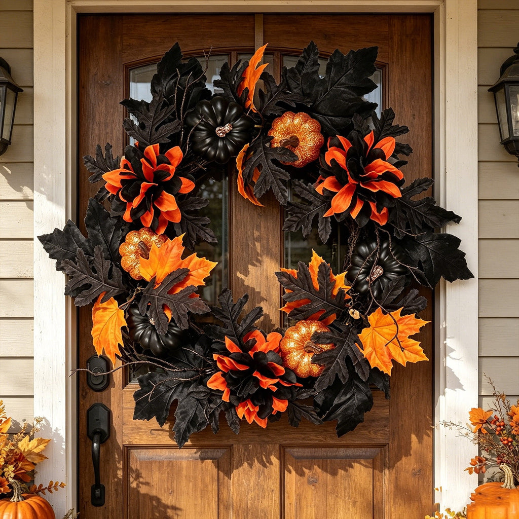 18 Inch Black Orange Pumpkin Peony Halloween Wreath, Artificial Maple Leaf Front Door Wreath, Weatherproof Fall Harvest Ornament for Indoor Outdoor Halloween Decorations Thanksgiving Porch Wall Decor