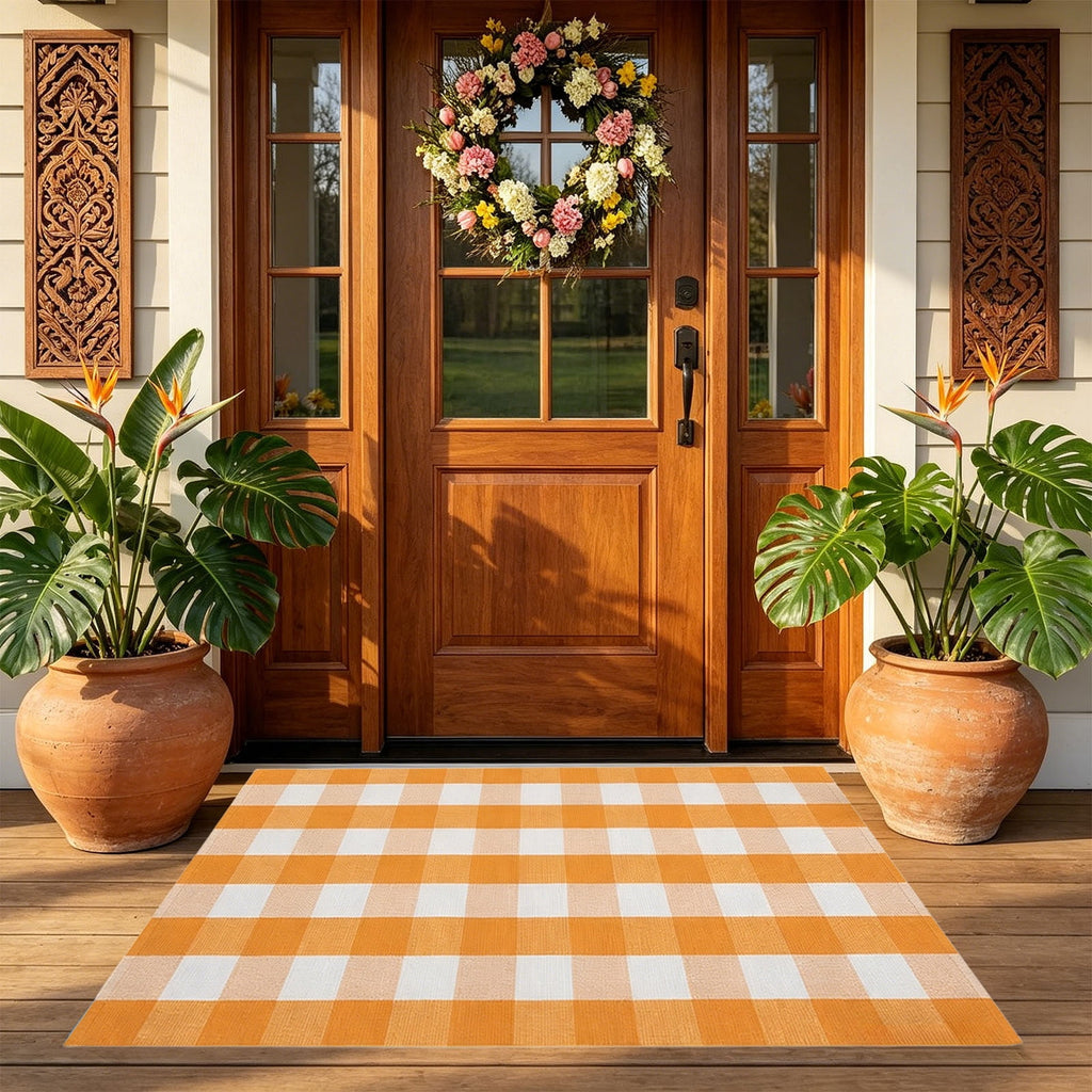 Dpityserensio Halloween Doormat Black Bat and Moon with Striped Border Non-Slip Washable Indoor Outdoor Rug, Vintage Fall Decor