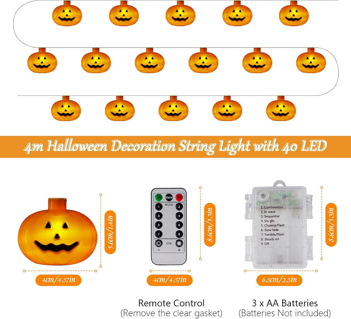 Qoosea Halloween Pumpkin String Lights, 20FT 40 LED 8 Mode Waterproof Pumpkin String Lights for Outside Decor Camper Party Indoor Bedroom Decorations