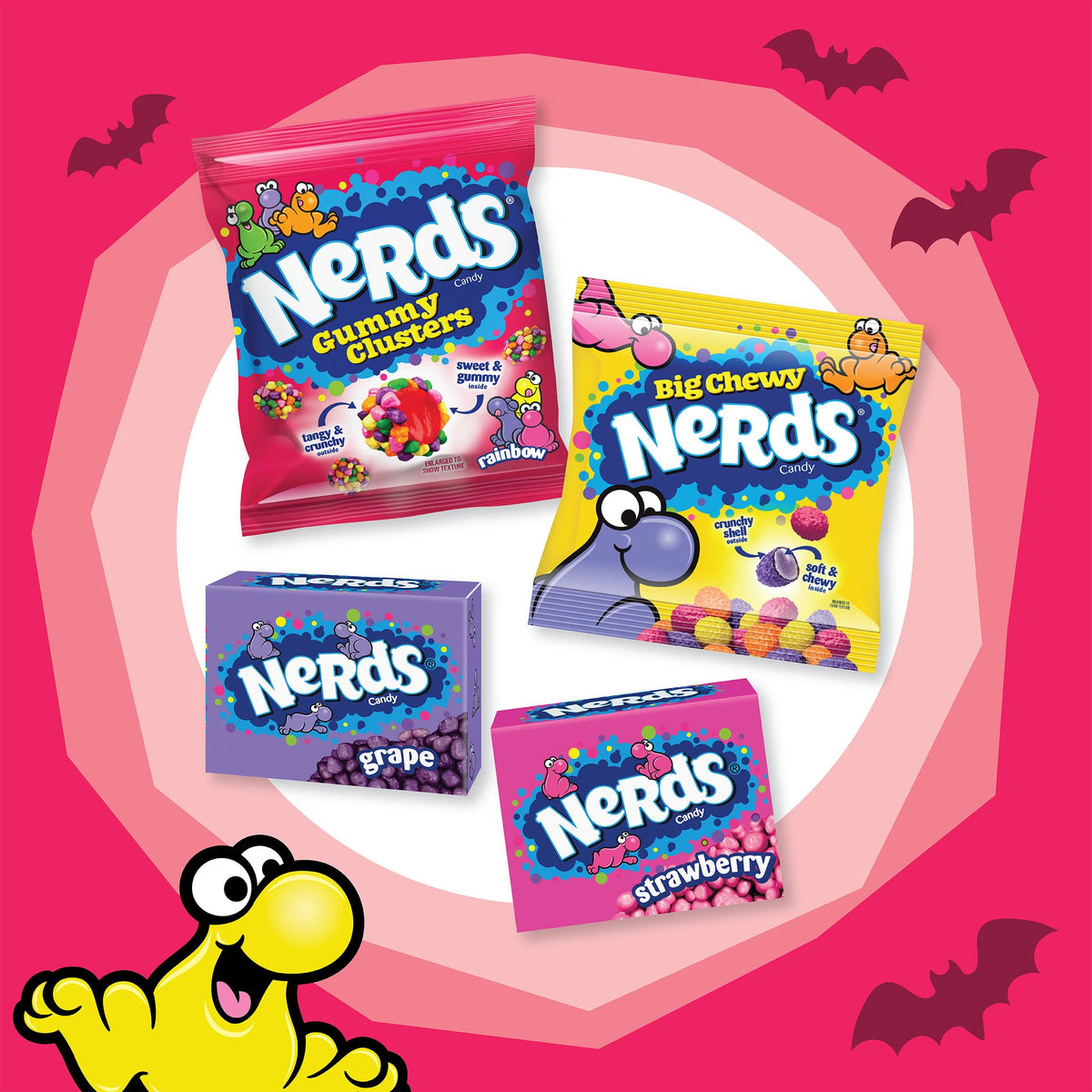 Nerds Halloween Assorted Candy, Halloween Trick-or-Treat Variety Bag, NERDS Gummy Clusters, Big Chewy, Originals Strawberry and Grape, 70 Count, 32.21 Ounces