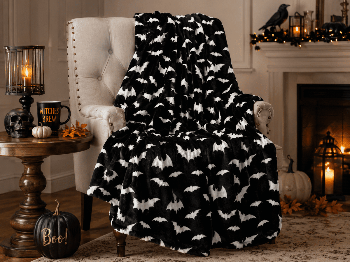 Serafina Home Halloween Throw Blanket: Fuzzy Boo! Jack O'Lantern Spider Webs Skull and Black Cats Print on Velvet Fleece for Sofa Bed Couch Chair Dorm
