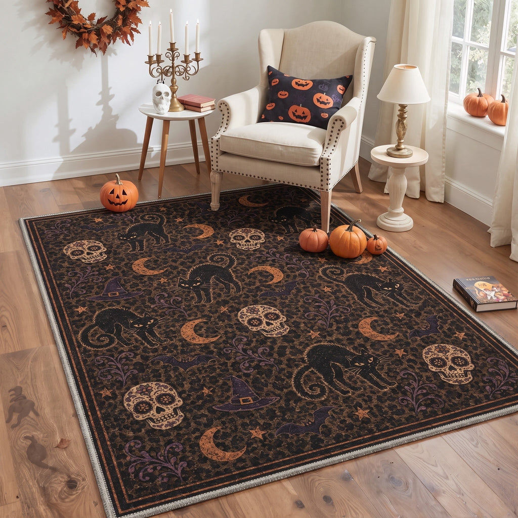 GENIMO 2'x7' Halloween Runner Rug, Washable Non Slip Soft Vintage Witch Indoor Outdoor Hallway Runner for Porch Patio Kitchen Entryway, Vintage Black