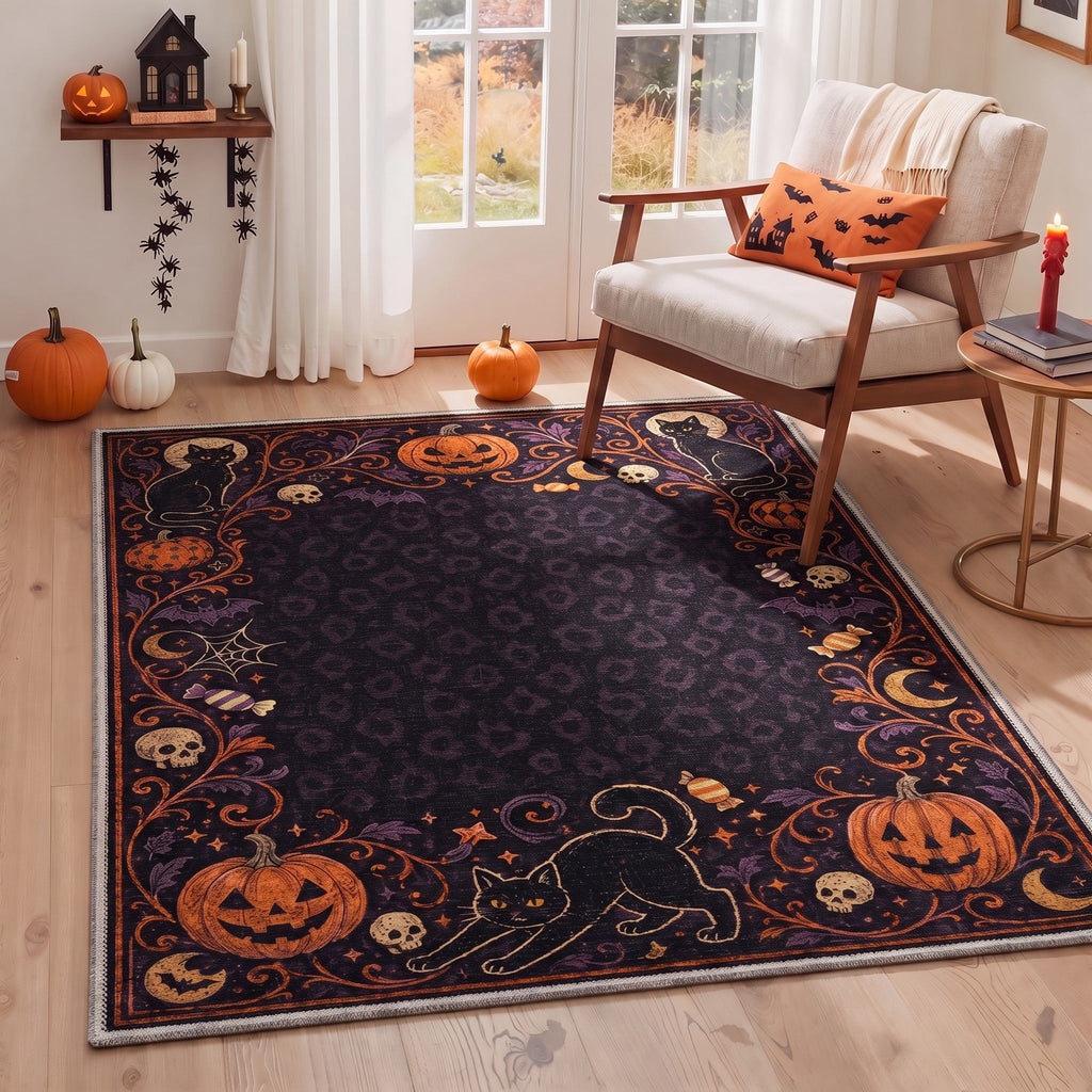 GENIMO 2'x3' Halloween Doormat, Washable Non Slip Soft Whimsical Cat Outdoor Door Mat for Front Door Covered Porch Patio Entryway, Rustic Black