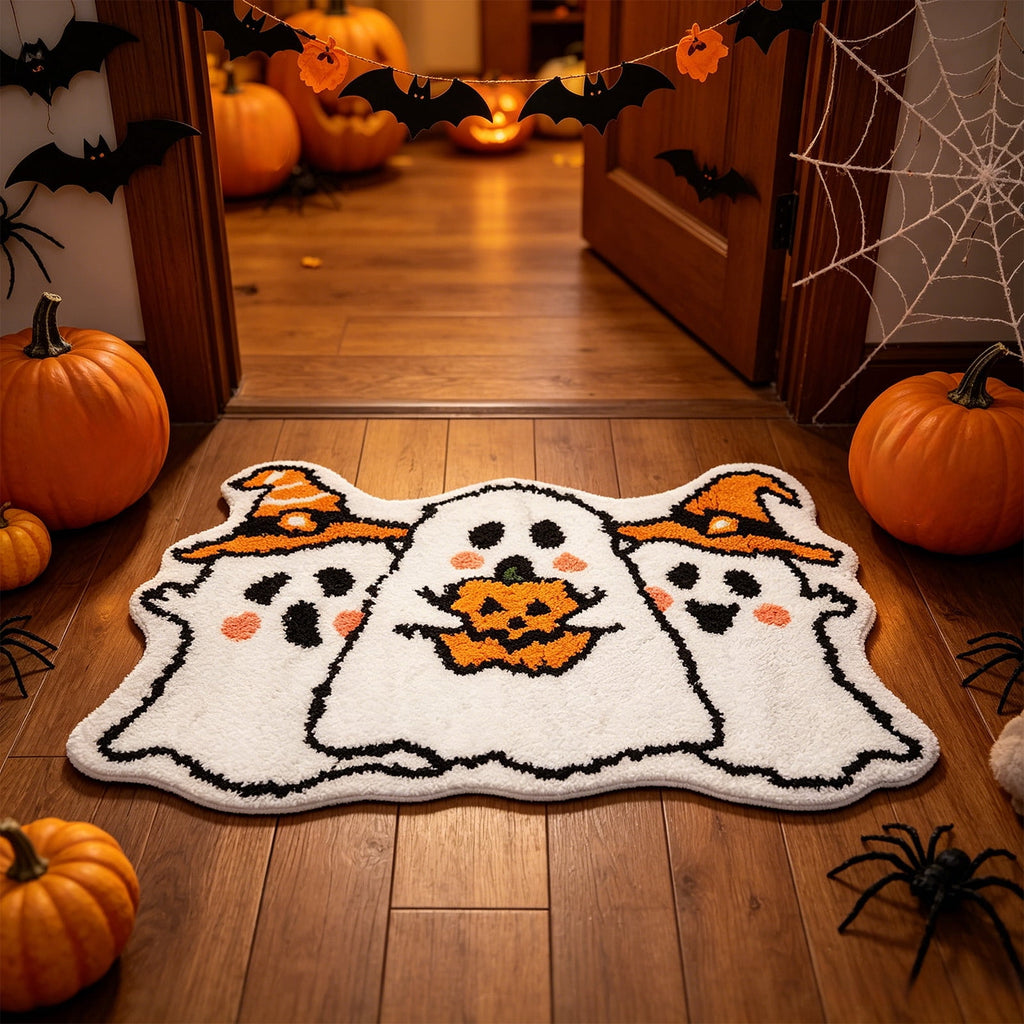 BingTong Cartoon Ghost Themed Fall Welcome Mat,Variety Spooky Adorable Ghost Shape Entryway Rug,Weather Resistant Low Profile Door Mat for Home Apartment Cafe Halloween Decoration Ghost F