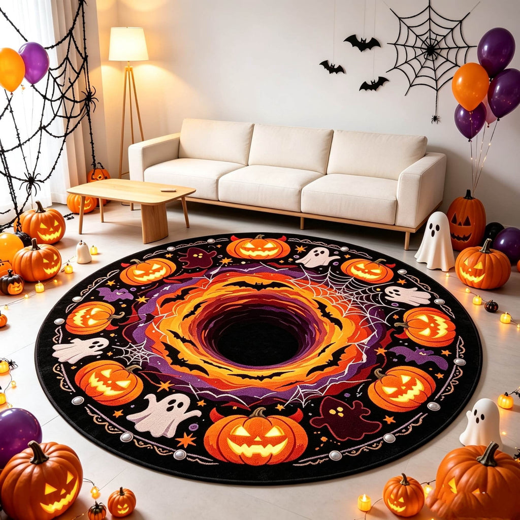 Halloween Round Rug Optical Ghost Pumpkin Mat 15.75in Diameter Polyester Skidproof & Soft for Entryway Bedroom Party by MPOISVA