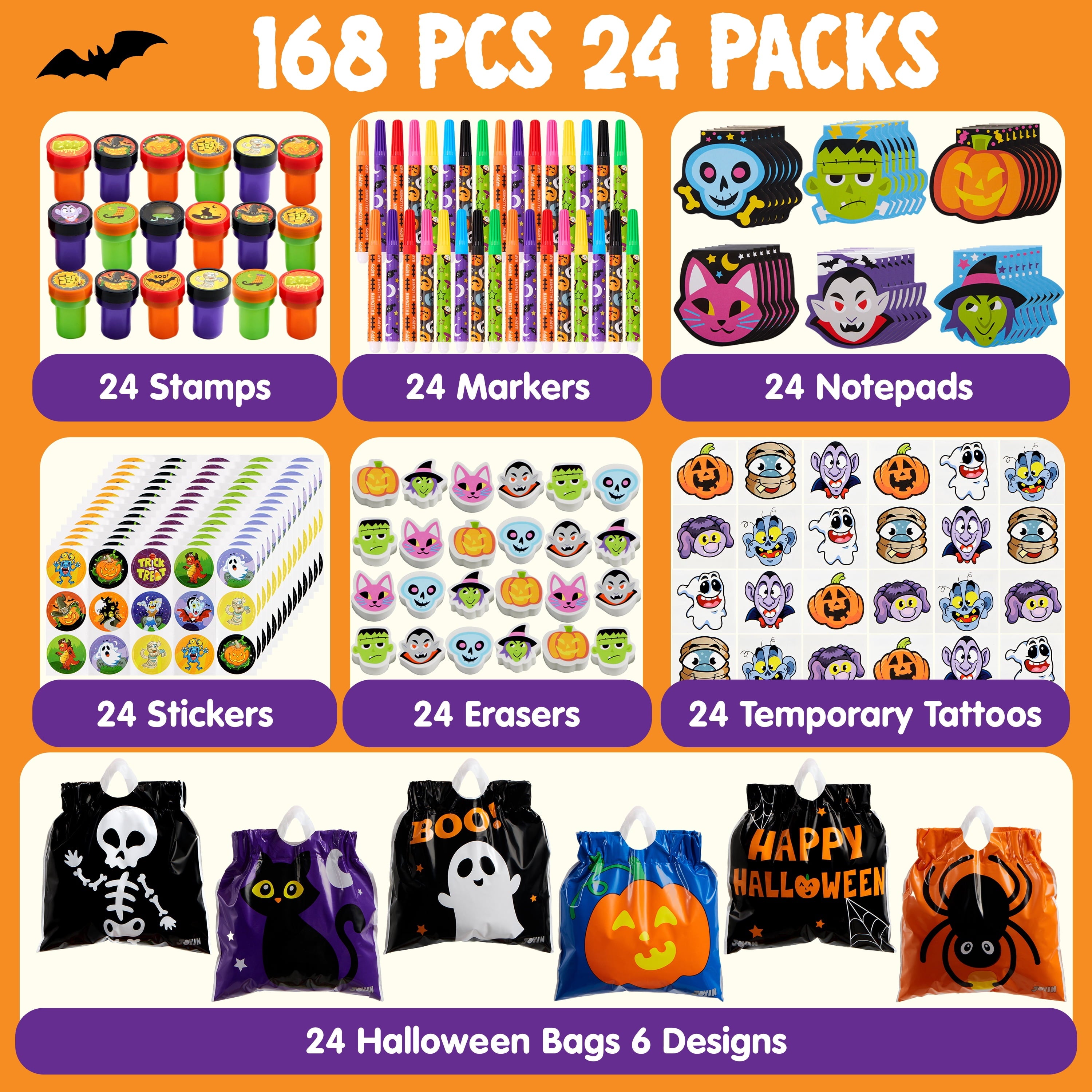 Joyfy 192 Pcs Halloween Stationery Set, Halloween Markers Rulers Stickers Erasers Stamps Notebooks Bags Party Favors,Halloween Trick or Treat Bags,Halloween Gifts for Kids,Classroom Favors
