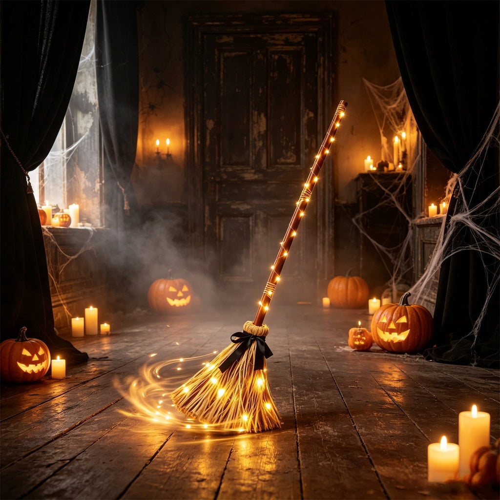 Halloween Decoration Indoor, 5.5 Ft Giant Light-Up Witches Broom, Rustic Halloween Decor for Porch, Yard, Front Door