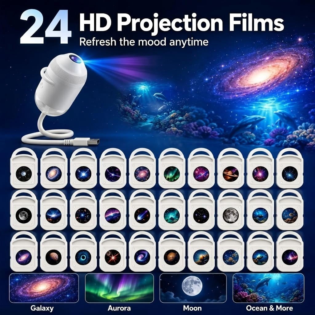 2026 NEW HD Smart Dynamic 5D Holographic Night Light Projector, 2-in-1 Galaxy Star & Ocean Ceiling Projector with 1 HD Films, 360° Flexible USB Powered Ambient Light for Bedroom & Room Decor