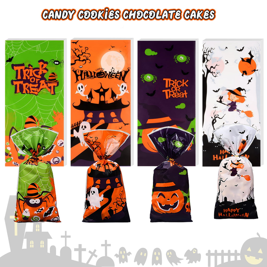 Qoosea 200 Pcs Halloween Treat Bags Halloween Cellophane Candy Bags Spider Web Bat Ghost Pumpkin Gift Bags with 200 Twist Ties Kids Party Candy Bags for Halloween Party Supplies