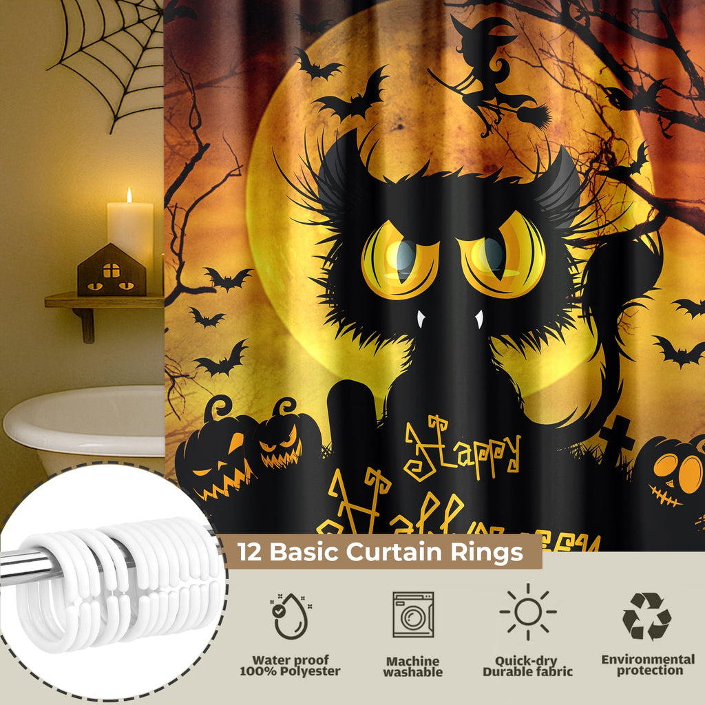 Seasonwood Halloween Shower Curtain,Spooky Halloween Black Cat Shower Curtain,Waterproof Halloween Bathroom Decor with 12 hooks,72"x72"