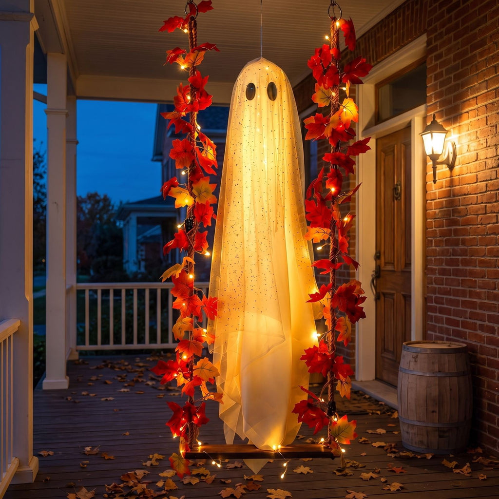 Outdoor Halloween Decorations Large Hanging Ghost and Witch Broom with Lights, Spooky and Cute Ghost Decor for the Front Porch, Yard