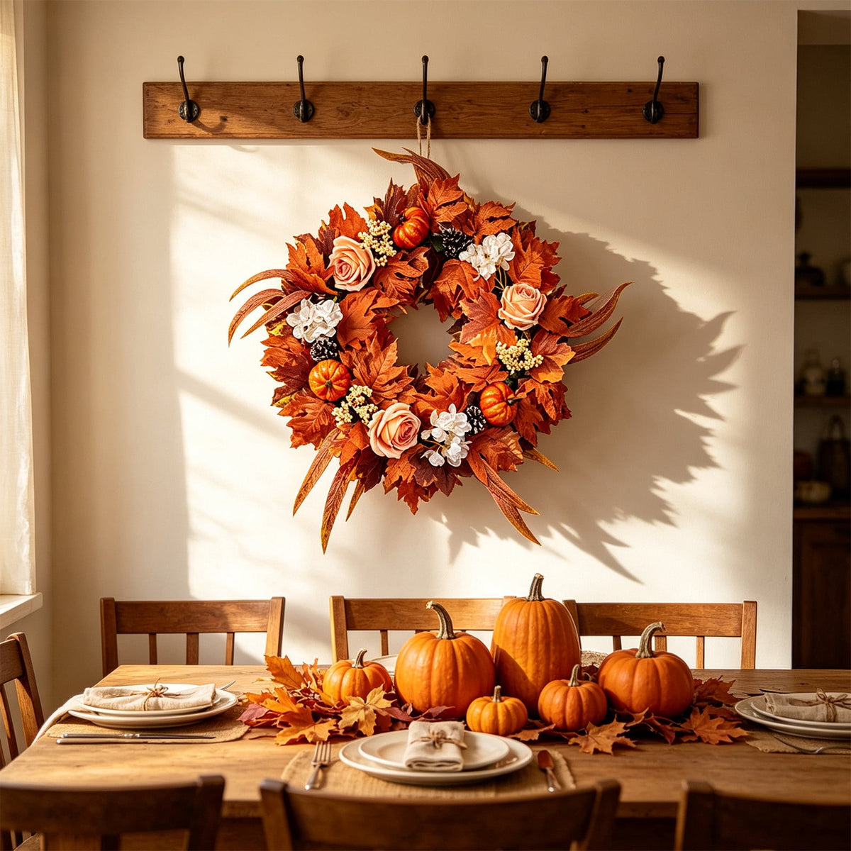 HOARBOEG Handmade Wrought Iron Maple Leaf Wreath, Thanksgiving Rudolph Fall Harvest Door Hanging, Orange Metal Autumn Wreath with Berries, Garden Wall Decor, 15.75 in