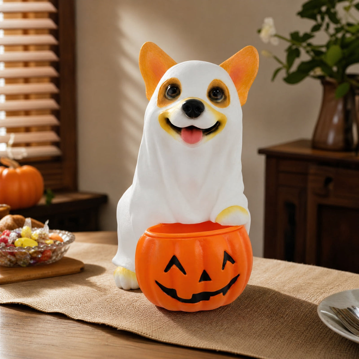 Clearance Halloween Schnauzer Bat Figurine with Ghost Bucket, 8 inch Resin Cute Dog Gifts Tabletop Decor