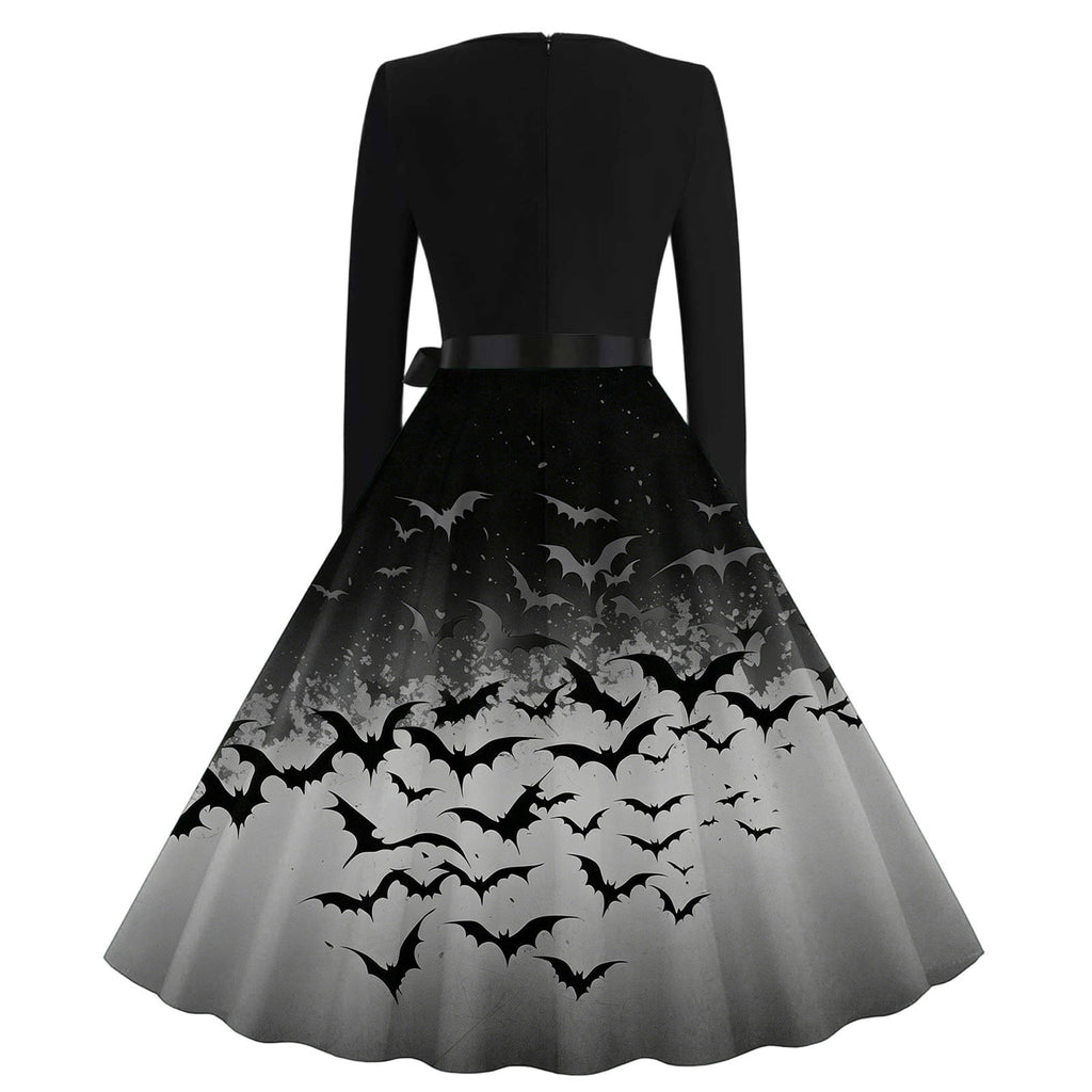 Women's Vintage Halloween Bat Print Swing Dress Long Sleeve 1950s Retro A-Line Midi Dresses with Satin Sash Belt for Gothic Cosplay Evening Prom Party
