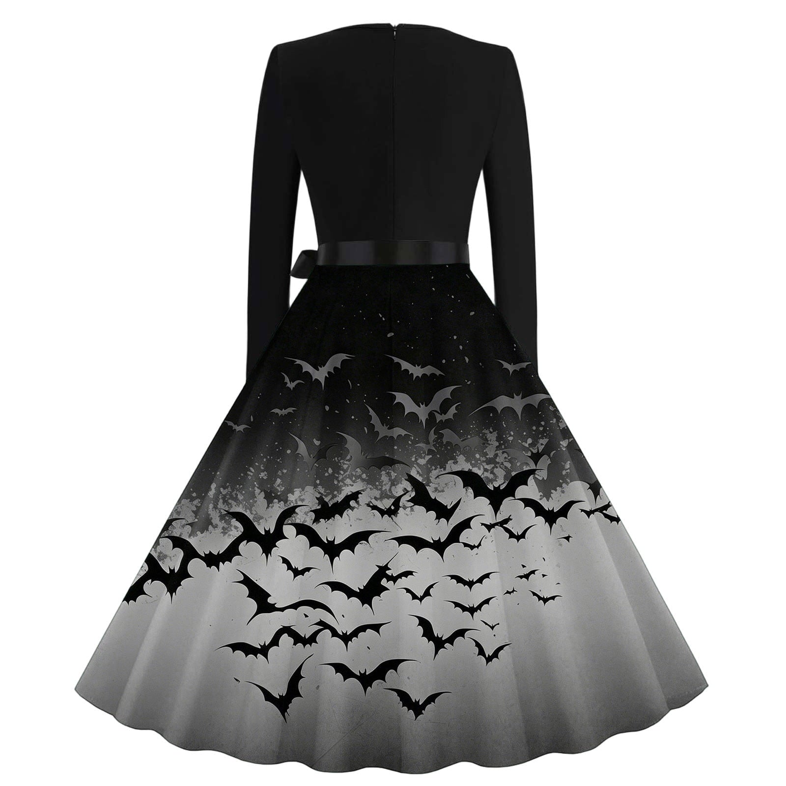 Women's Vintage Halloween Bat Print Swing Dress Long Sleeve 1950s Retro A-Line Midi Dresses with Satin Sash Belt for Gothic Cosplay Evening Prom Party