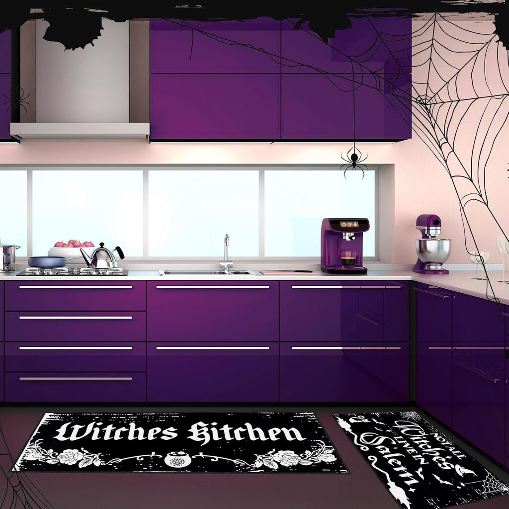 2 Pack Halloween Kitchen Mats Witches Rugs Gothic Kitchen Decor Farmhouse Halloween Doormat Outdoor Vintage Non-Slip Floor Mats Retro Halloween Rugs Decor for Home Kitchen Party (Gothic)