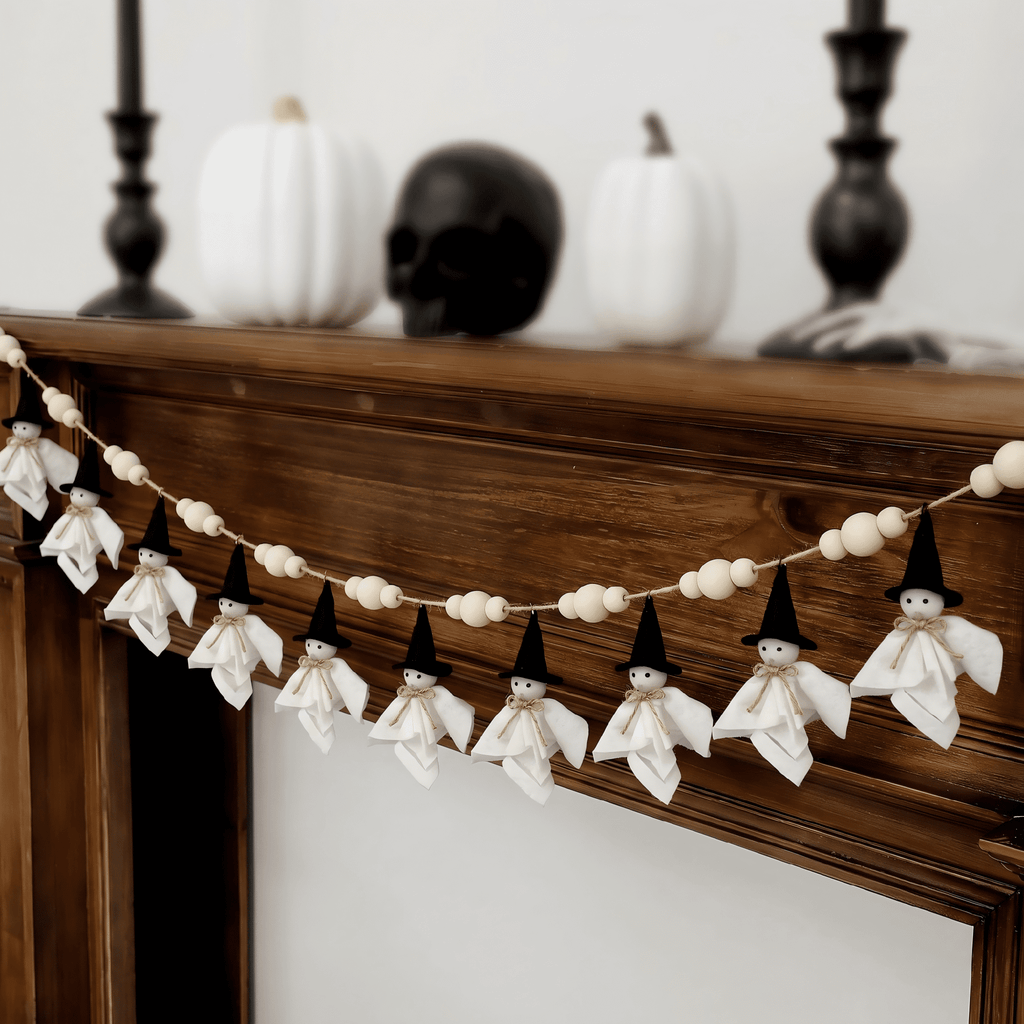 84 Inch Halloween Ghost Banner with Witch Hat, Rustic Wooden Bead Ghost Banner, Halloween Hanging Decor for Fireplace, Mantel, Wall, Party & Home