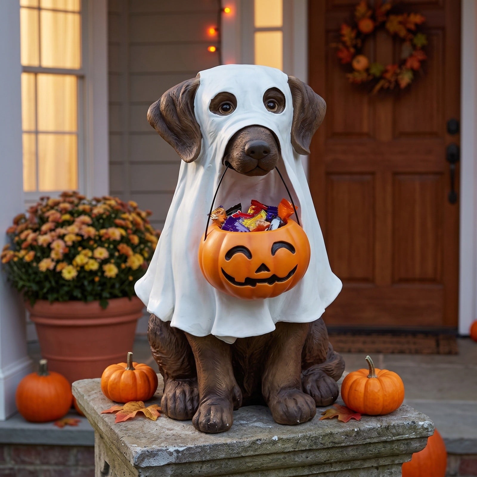 Clearance Halloween Schnauzer Bat Figurine with Ghost Bucket, 8 inch Resin Cute Dog Gifts Tabletop Decor