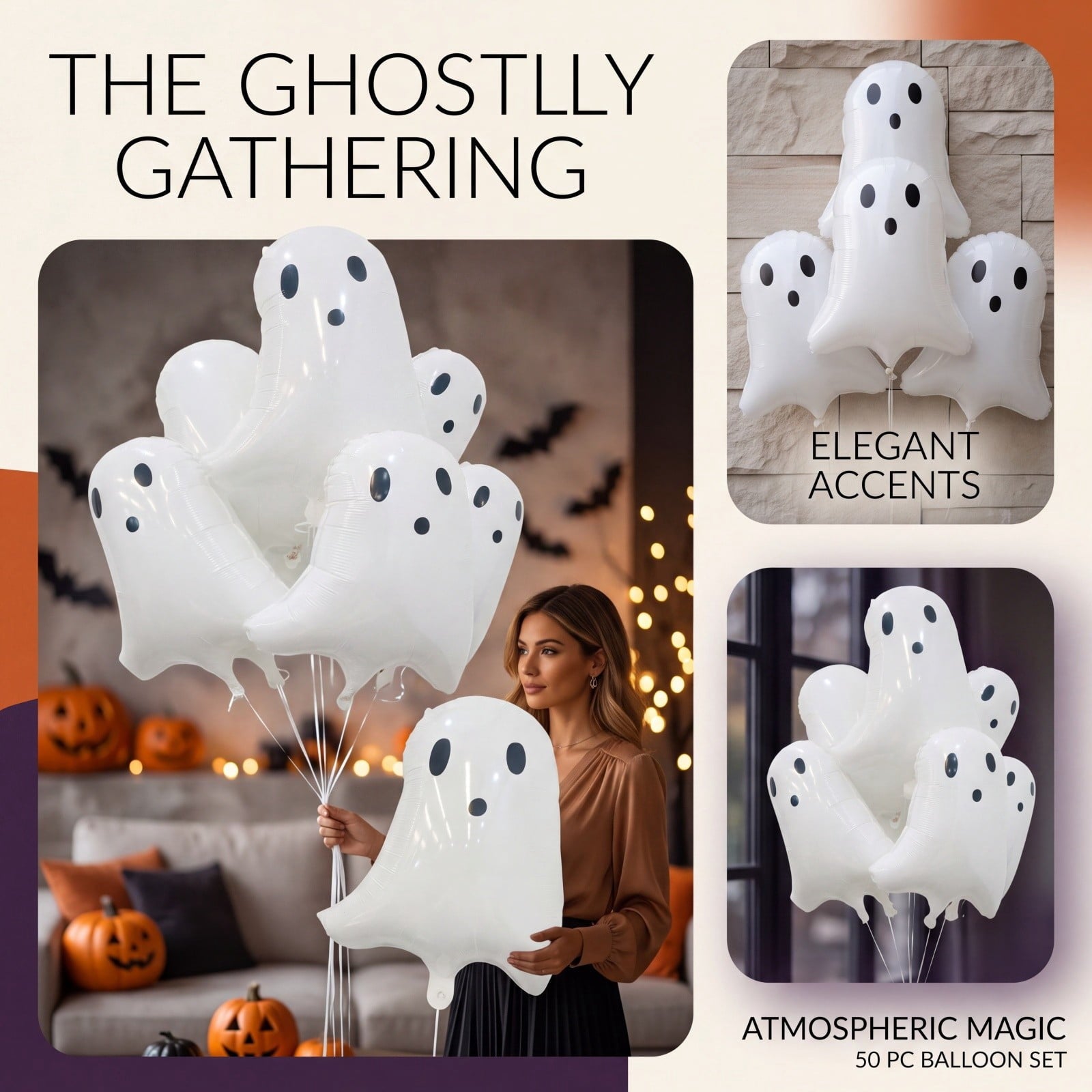 QISIWOLE Halloween Ghost Balloons Set of 50, White Latex Party Decoration for Spooky Celebrations, 18.50 x 13.8 in