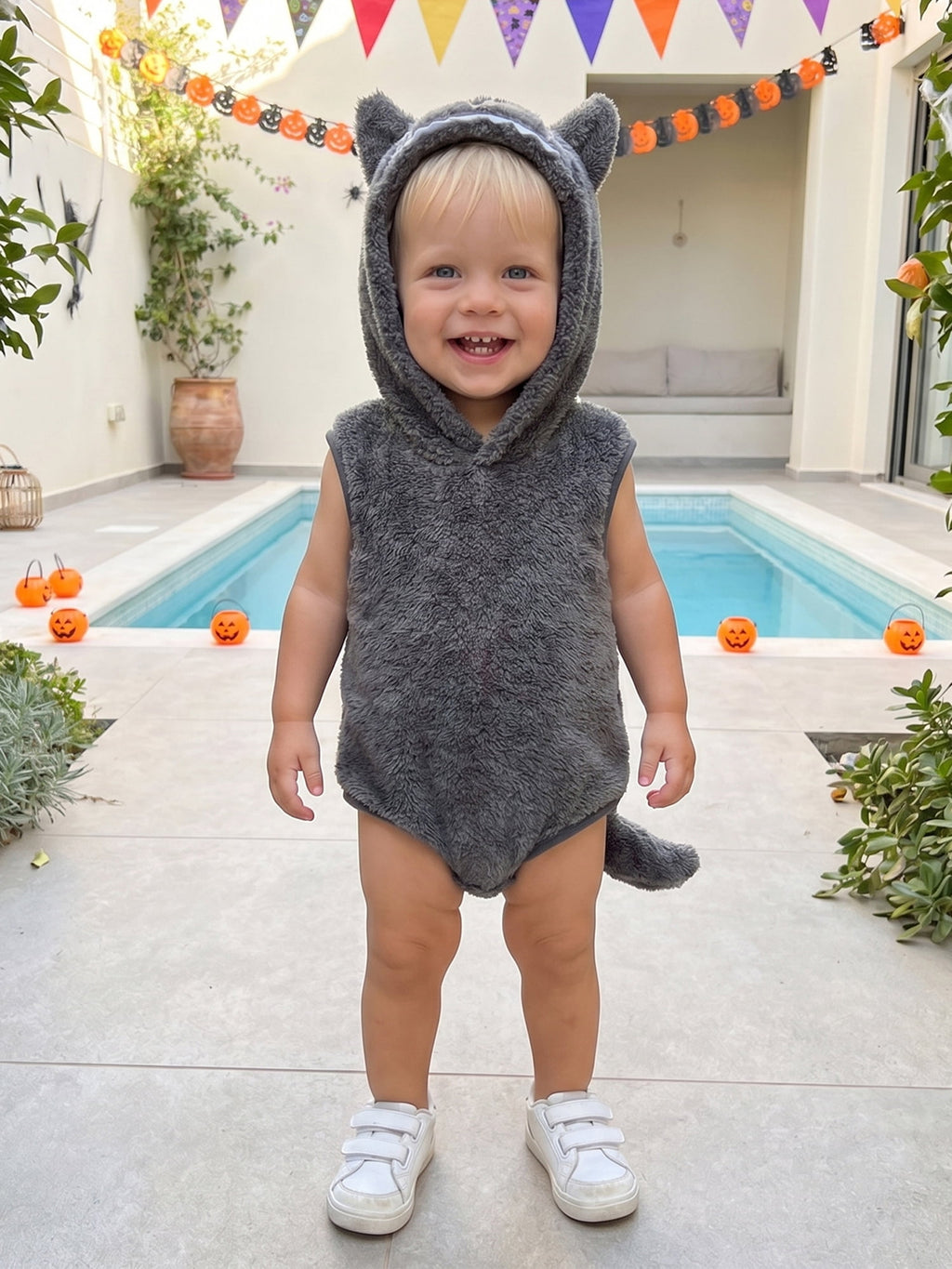 RUINIXCW Newborn Baby Boy Halloween Wolf Costume Kids Infant Animal Cosplay Outfit Toddler Fall Winter Clothes Warm Fleece Hooded Sleeveless Romper